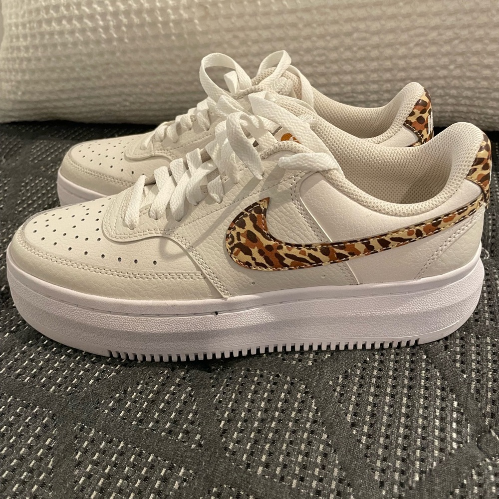 Nike Women's White Platform Sneakers with Leopard Swoosh